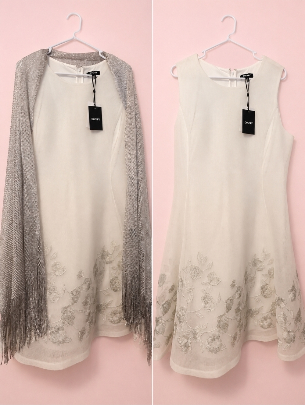 DKNY Floral Embroidered Sleeveless Dress With Shaw